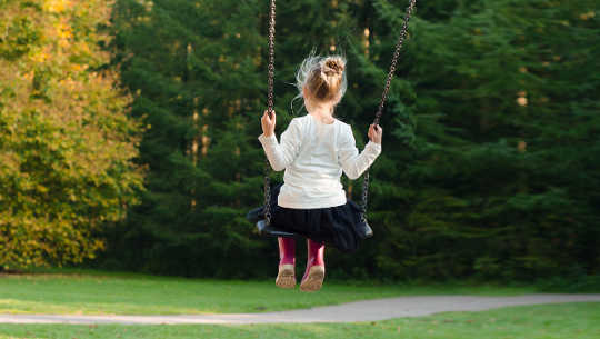 young girl, seen from the back, sitting on  a swing