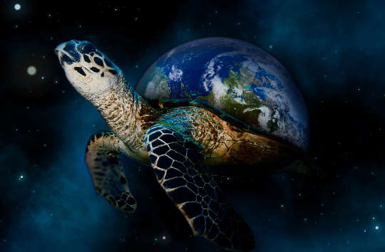 a turtle in the skies with Planet Earth as its shell