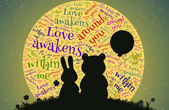 Winnie the Pooh and Rabbit sitting in front of a globe covered with the words Love awakens within me, etc.