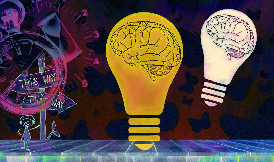 an outline of a brain encased in a bright yellow lightbulb