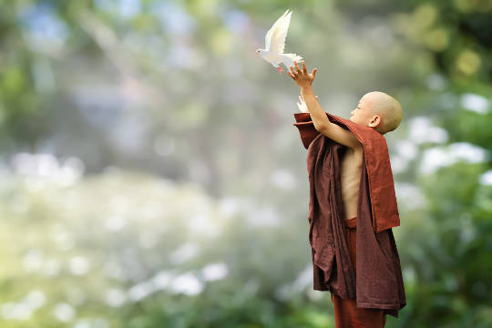 a young Buddhist monk releasing a white dove to the skies