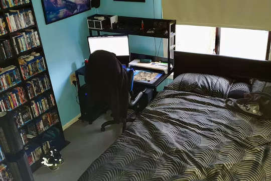 bedroom with a computer and desk right next to the head of the bed