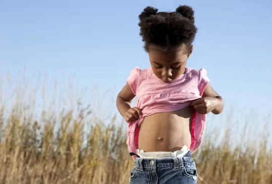 a young girl looking at her belly button