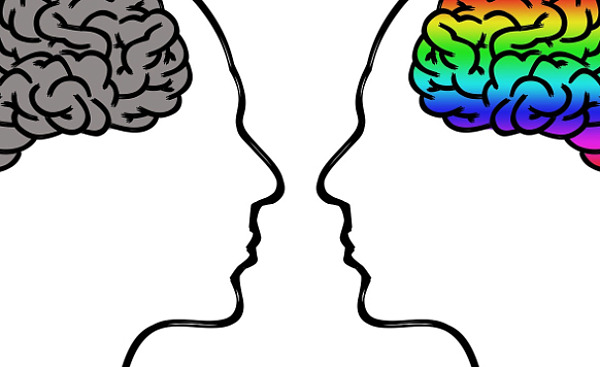 images of two brains: one colorful, one dull brown